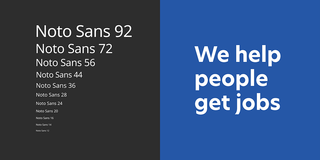 Split image showing Noto Sans type in different sizes next to text “We help people get jobs” in Indeed Sans.