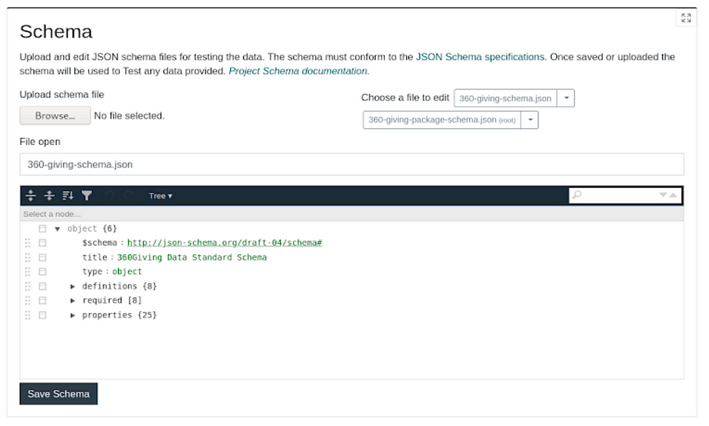 A copy of the JSON schemas for ThreeSixtyGiving loaded into Standards Lab