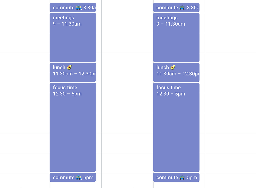 a google calendar showing half of the day in meetings, half of the day with focus time