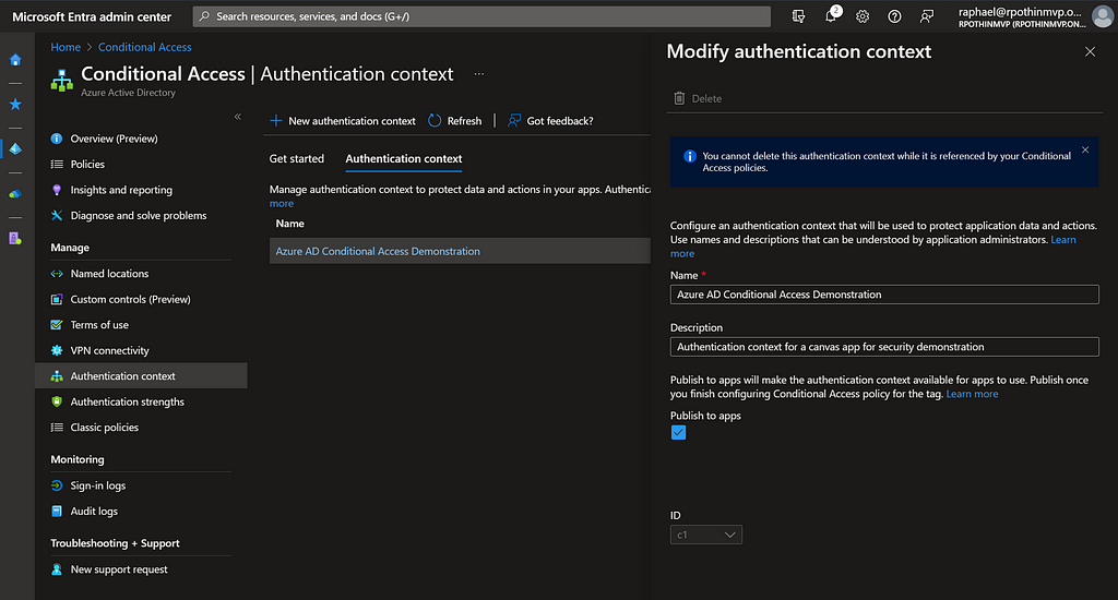 Azure AD Conditional Access Authentication Context to link to a canvas app