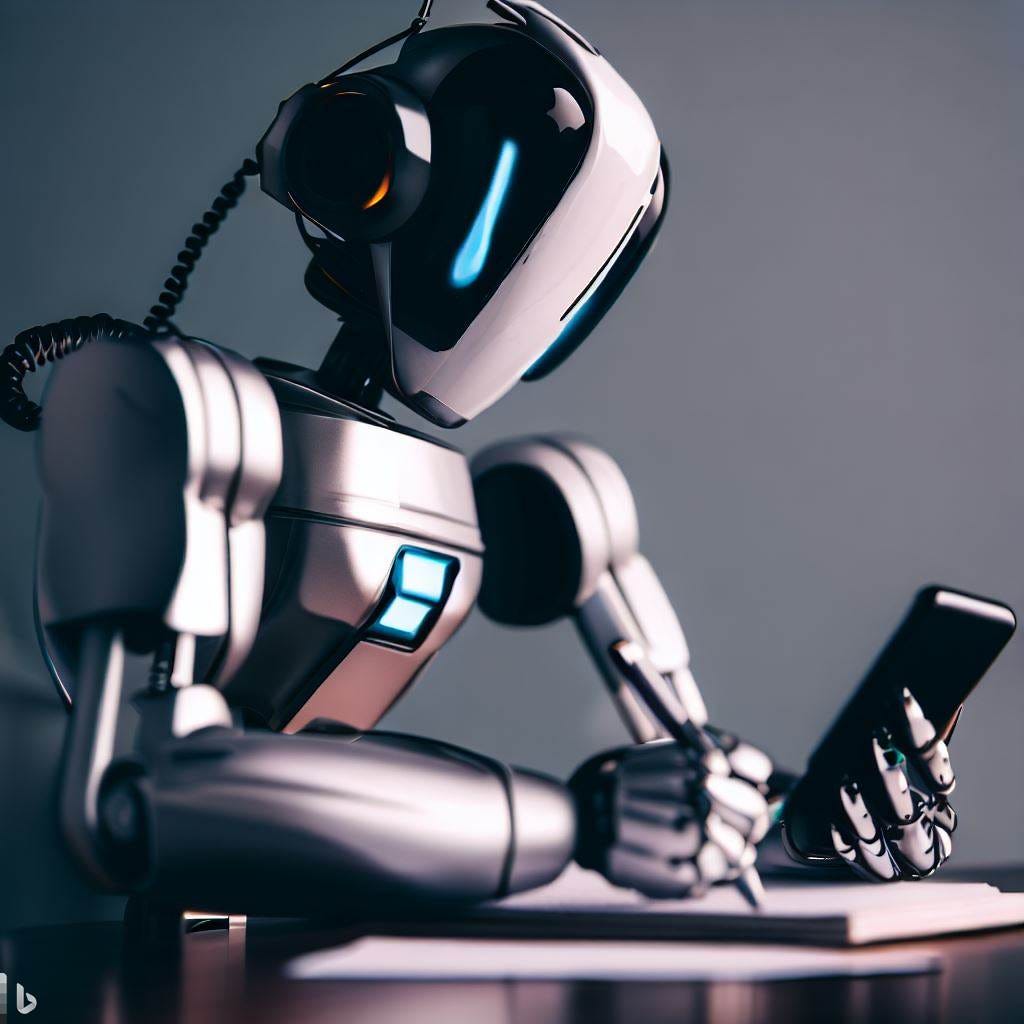 Header image of a robot using the phone and writing