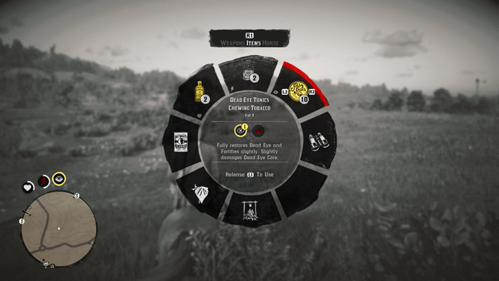 Item selection wheel from Red Dead Redemption 2 showing Dead Eye Tonics, highlighting Chewing Tobacco.