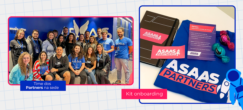 Imagem com foto dos embaixadores do Asaas, à esquerda, e uma foto do kit de boas vindas deles, contendo uma camiseta azul, um adesivo, uma caderneta preta e um cartão de boas-vindas, todos com a logo que diz Asaas Partners em branco e rosa.