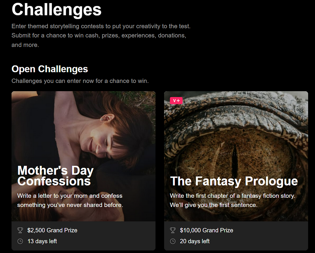 The Vocal homepage and active writing challenges