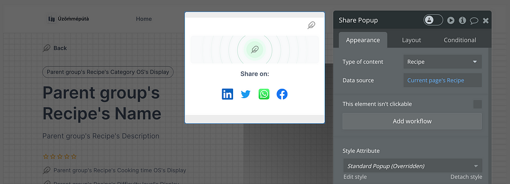 A picture showing a share popup containing share links or buttons