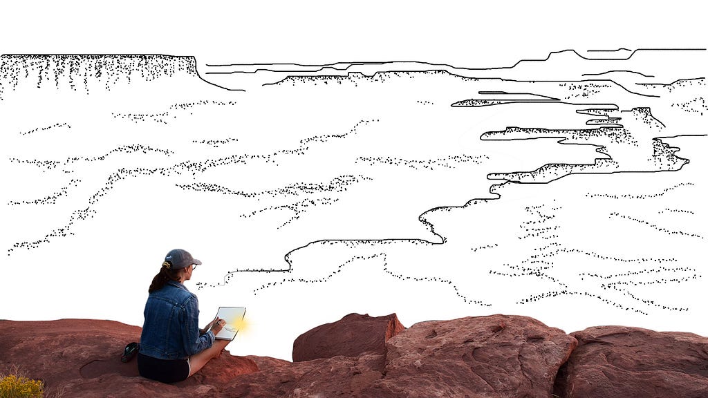 Photo of Kenzie sitting on the edge of a Canyon as she draws the landscape in front of her