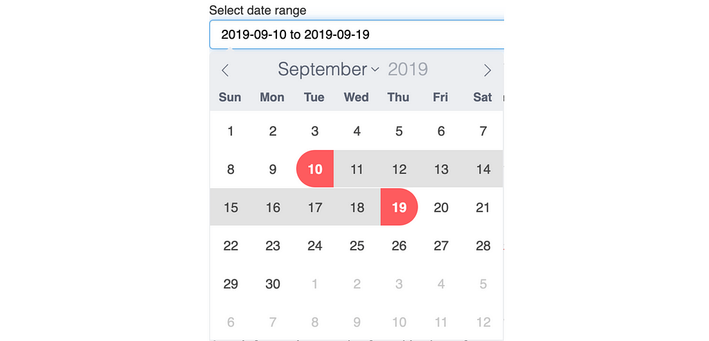 New Bokeh DatePicker widget displaying a range of dates selected in September, 2019