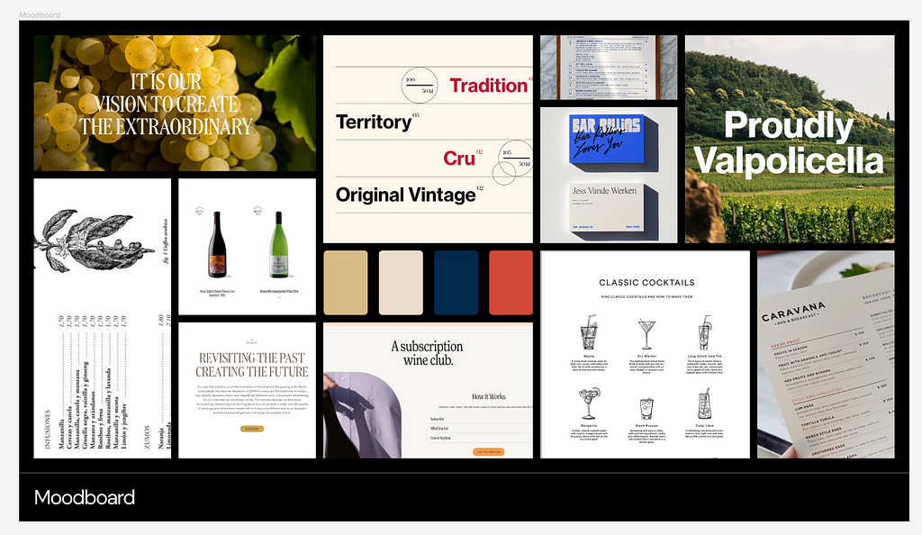 Moodboard example of a cigar and wine selling web design / branding project