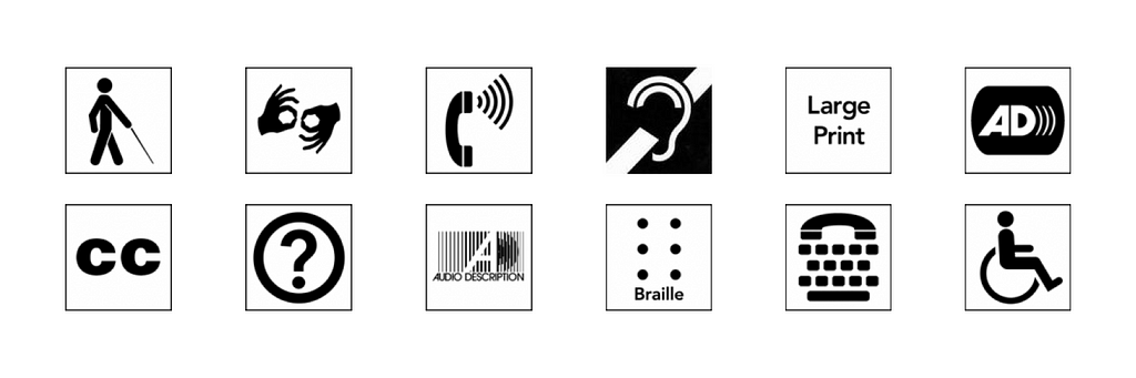 A grid of disability access symbols — access to low vision, sign language, access for hearing loss, accessible print, etc.