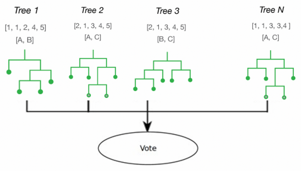 n-trees shown in a random-forest diagram. each tree is shown as having a different set of inputs and different decisions. each one is shown to have one vote to put together a final vote with input with each tree.