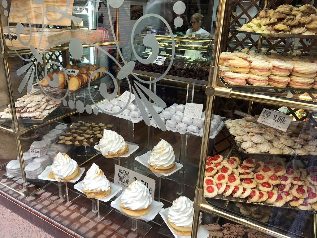 Lots of cakes to choose from in a Spanish cake shop window