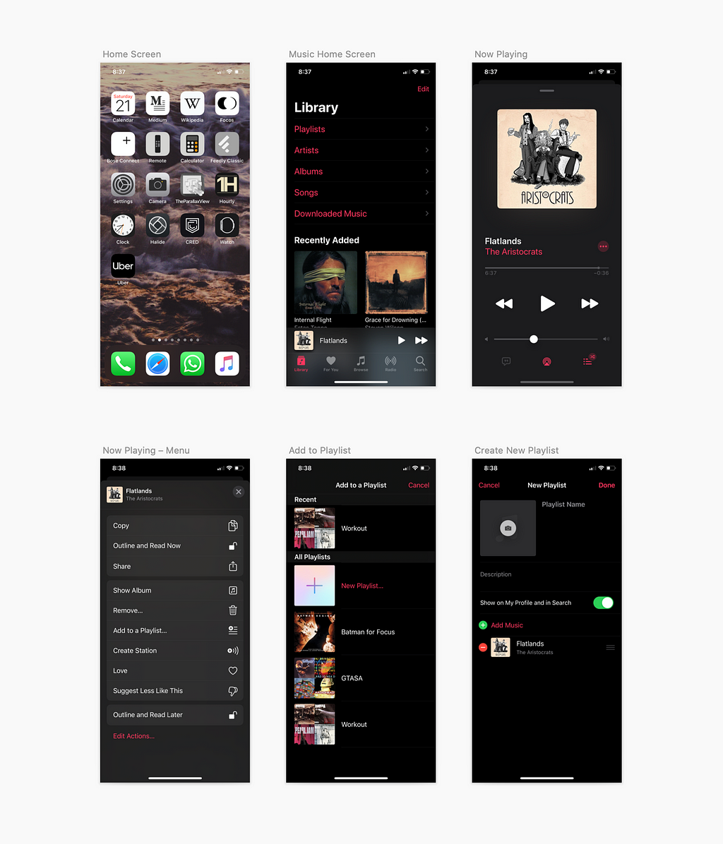 6 artboards in a screen flow in a music app that accomplishes the task of adding the “Now Playing” song to a new playlist
