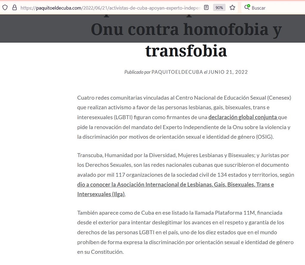 Paquito el de Cuba “Activistas de Cuba apoyan Experto Independiente en Onu contra homofobia y transfobia”. Párrafos 1 al 3