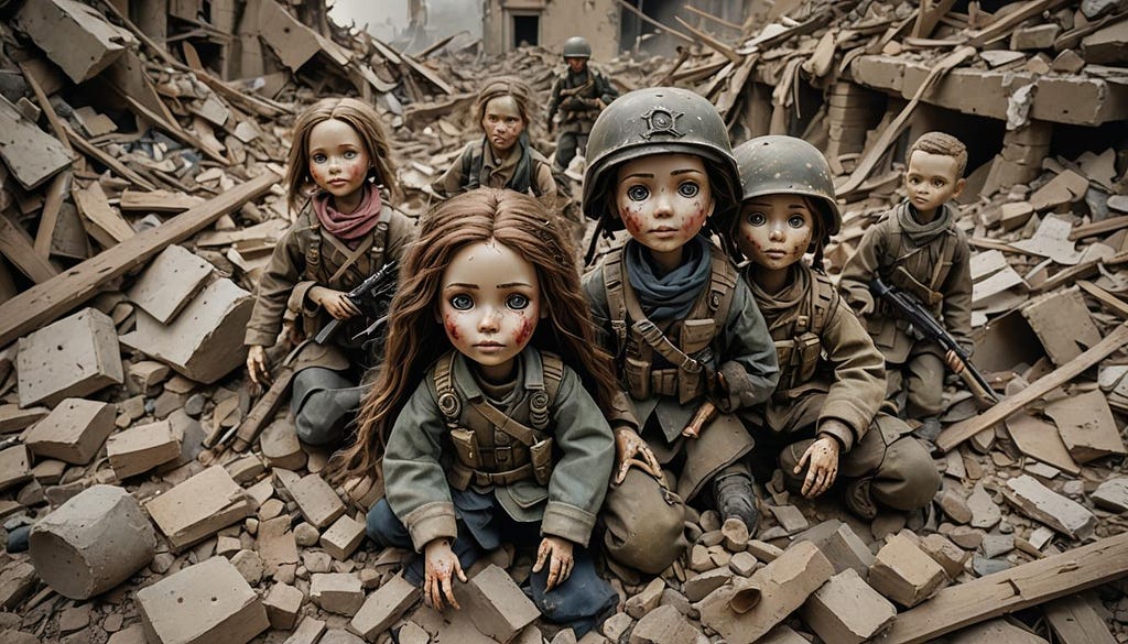 Children of War amongst rubble, artist impression