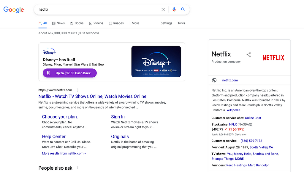 Screenshot of a Google search for Netflix that shows a Disney+ bundle ad at the top