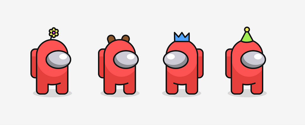 Minimal hat-like structure modifications to four characters. First one has a flower on it’s head, the second has bear ears, the third has a crown, and the fourth has a party hat.