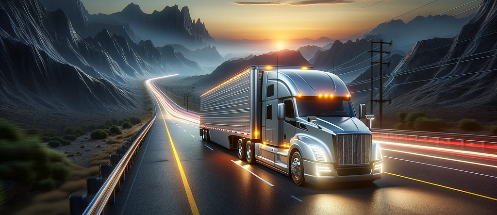 image of truck on a highway at sunset