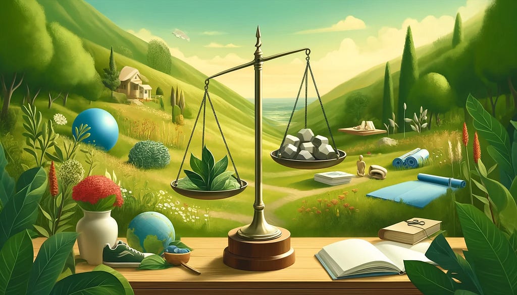 A serene landscape featuring a balanced scale in the foreground with small weights being added to one side. The background includes a garden with flowers, a book, a yoga mat, and eco-friendly products, symbolizing health, sustainability, and personal growth. The scene evokes a sense of calm, balance, and positive progress.