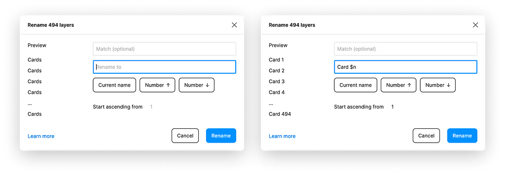Two modals showing the process of renaming a card. In the “Rename to” field, type “Card $n”.