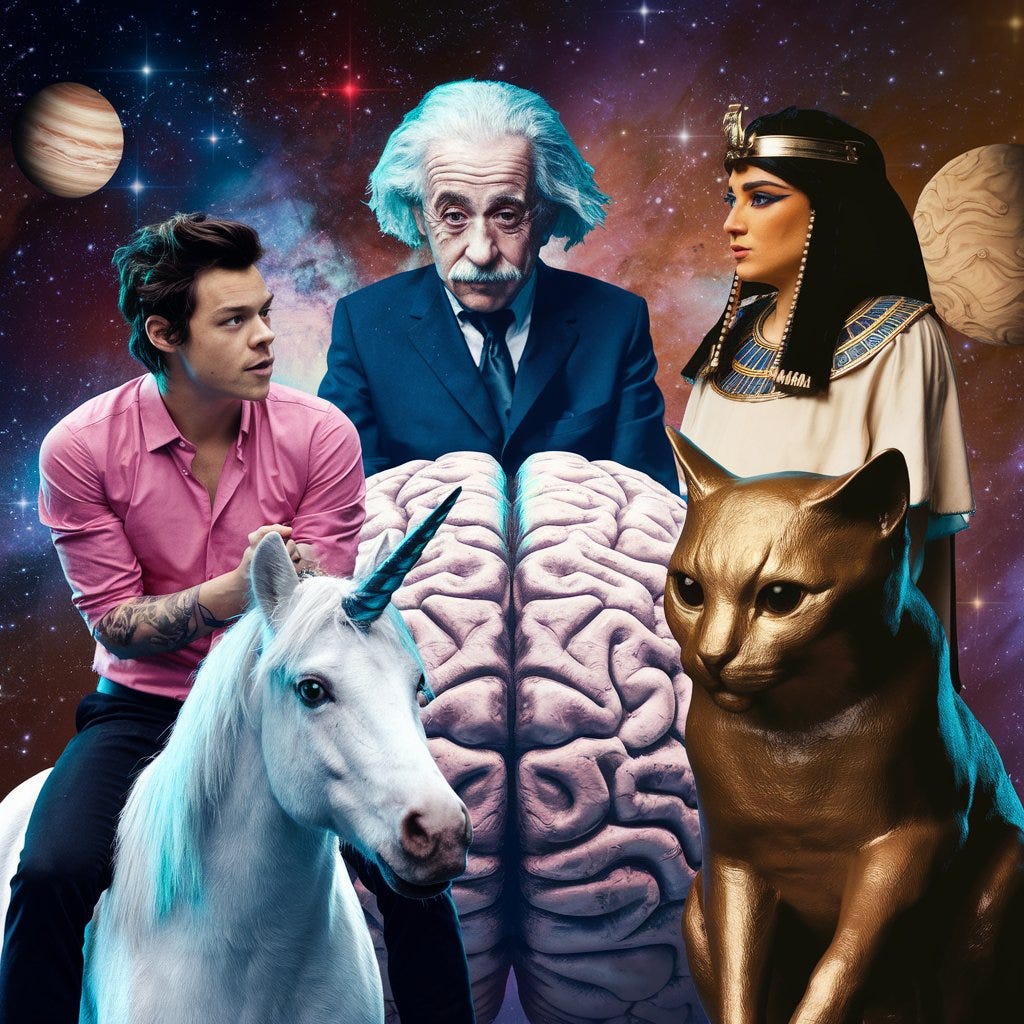 a fun mashup of multiple famous AI characters including Harry Styles on a unicorn, Albert Einstein on a brain, and Cleopatra on a cat— chatting together in a quirky, imaginative digital space.