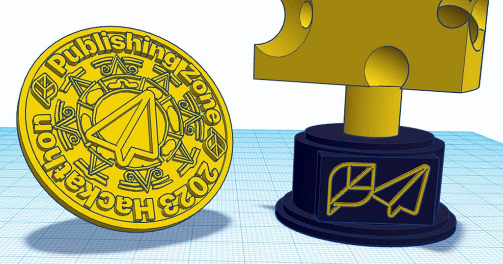 Tinkercad screenshot of a coin and a cheese trophy.