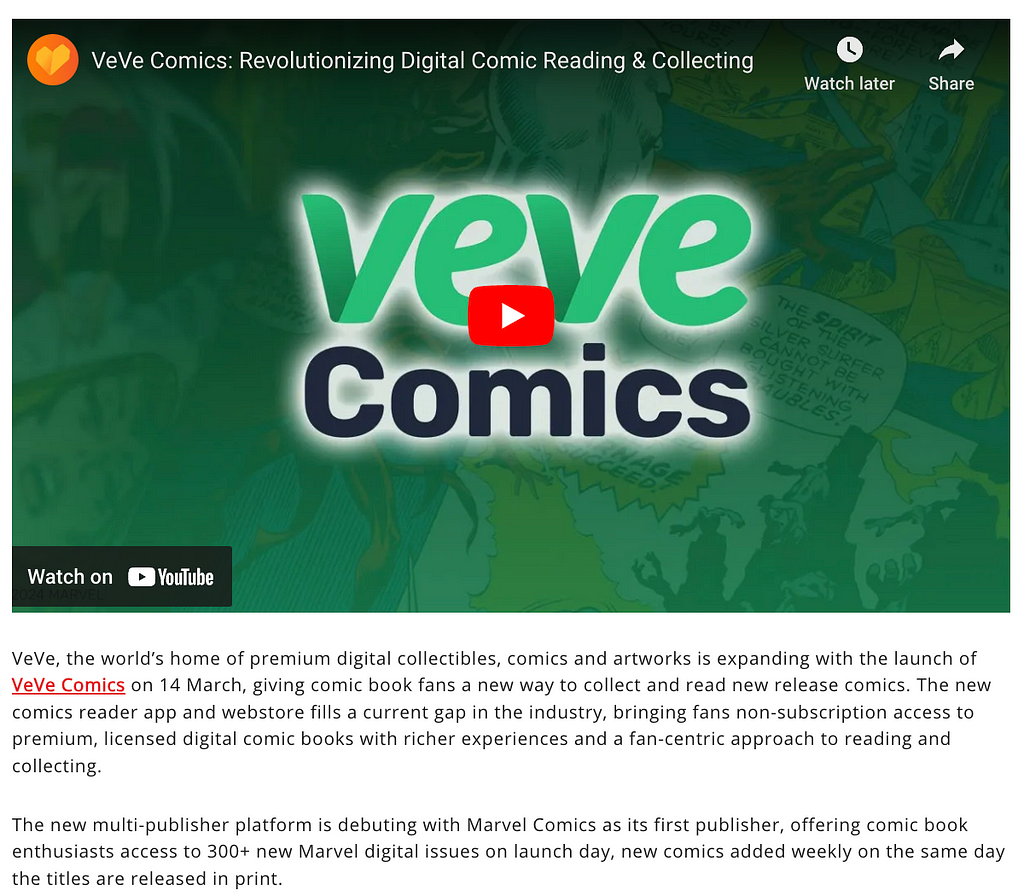 VeVe Comics Launches Digital Comics and Collecting Platform Kicking off with first launch publisher Marvel Comics, the VeVe Comics platform gives fans access to first-day releases and new experiences. https://www.marvel.com/articles/comics/veve-comics-digital-comics-collecting-platform
