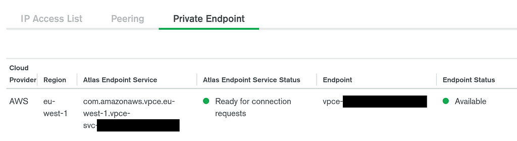 The status of our private endpoint and corresponding endpoint service, detailing that it is available and ready for connection requests from our own VPC.