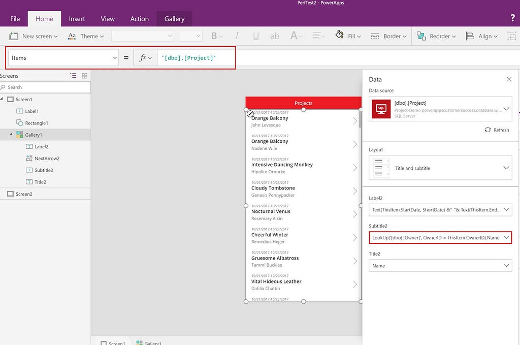 Microsoft PowerApps builder interface showing how binding gallery items property directly to a data source