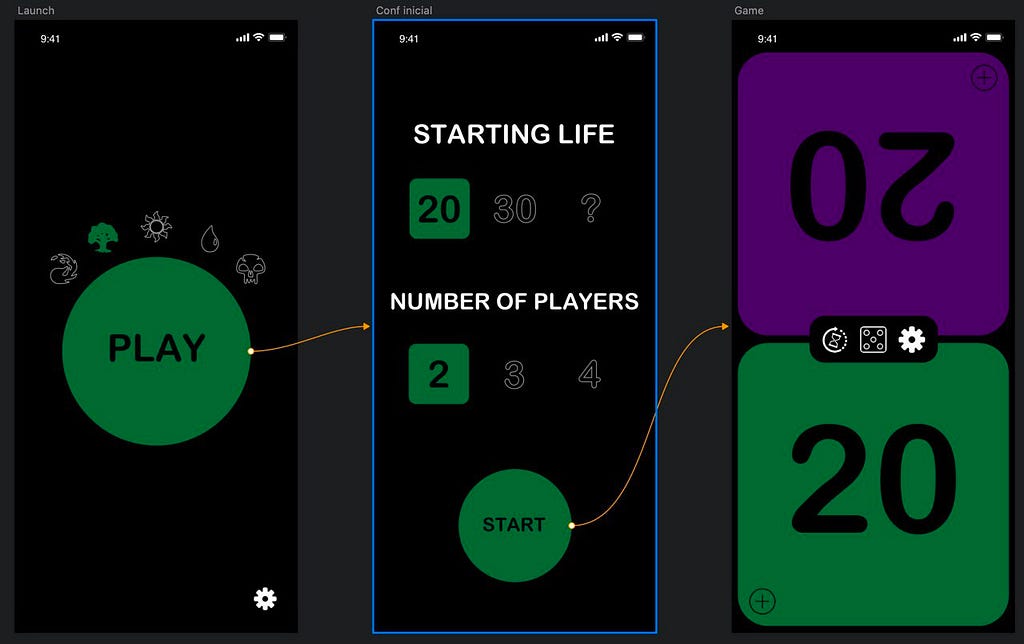 My first app project: An application to track the number of life points left, that could be adapted for more than 2 player, and which each player had their color identity represented.