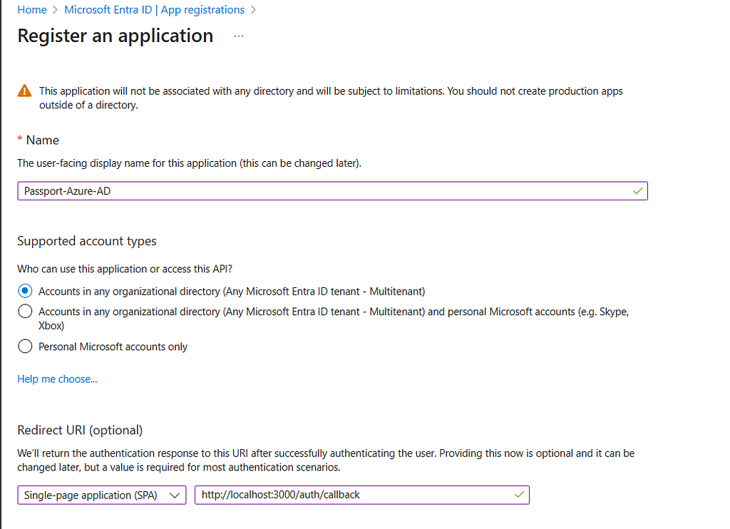 New app registration details page