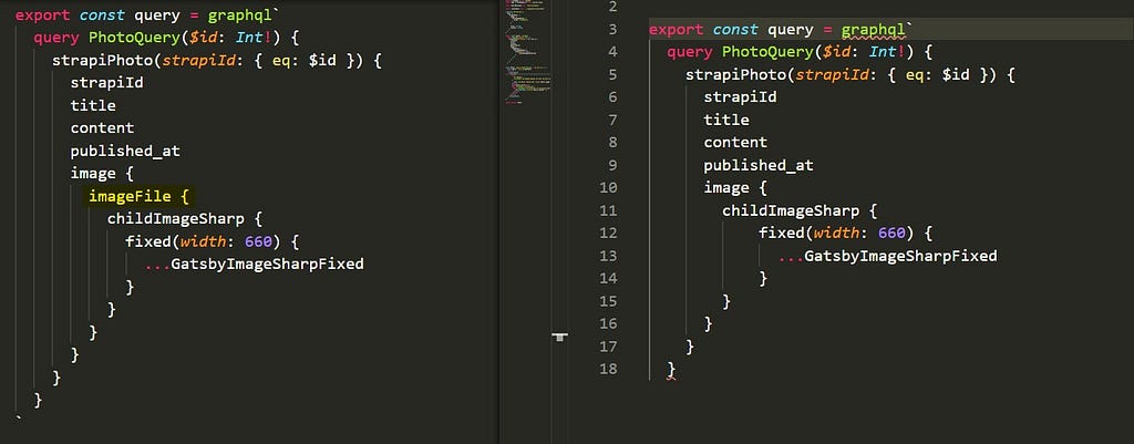 Two example graphQL calls for a photo, one with a imageFile node, one without.