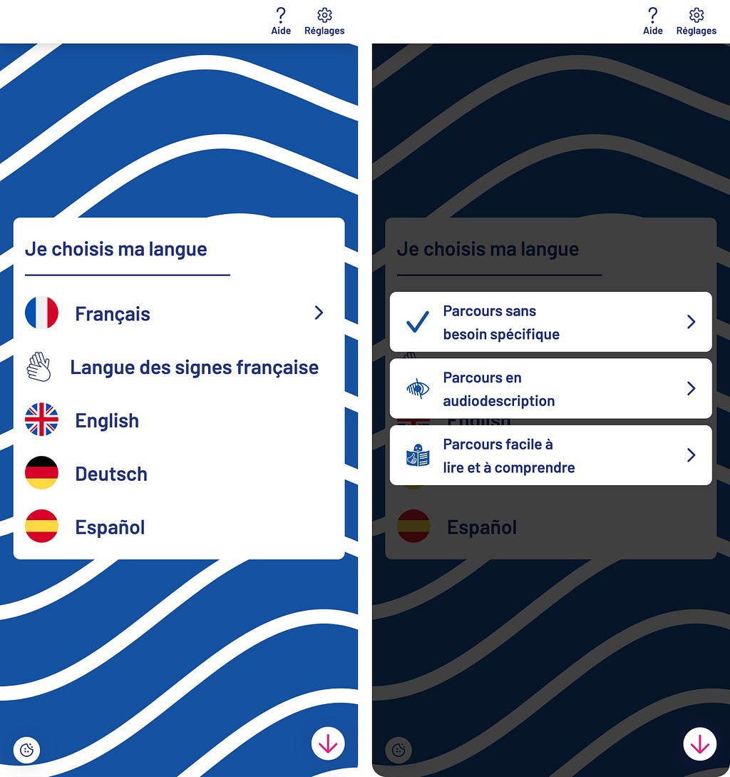 Screenshots of Marine web app interface with options for language and accessibility. The left side shows language choices including French, French sign language, English, German, and Spanish with flag icons. The right side offers accessibility routes: a standard path, one with audiodescription, and an easy-to-read and understand option.