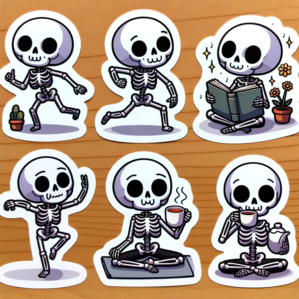 Photo sticker sheet featuring a skeleton character with consistent features in various poses. The skeleton is dancing, reading a book, doing yoga, and sipping tea. Each pose shows the skeleton’s unique character traits while maintaining the same overall appearance.