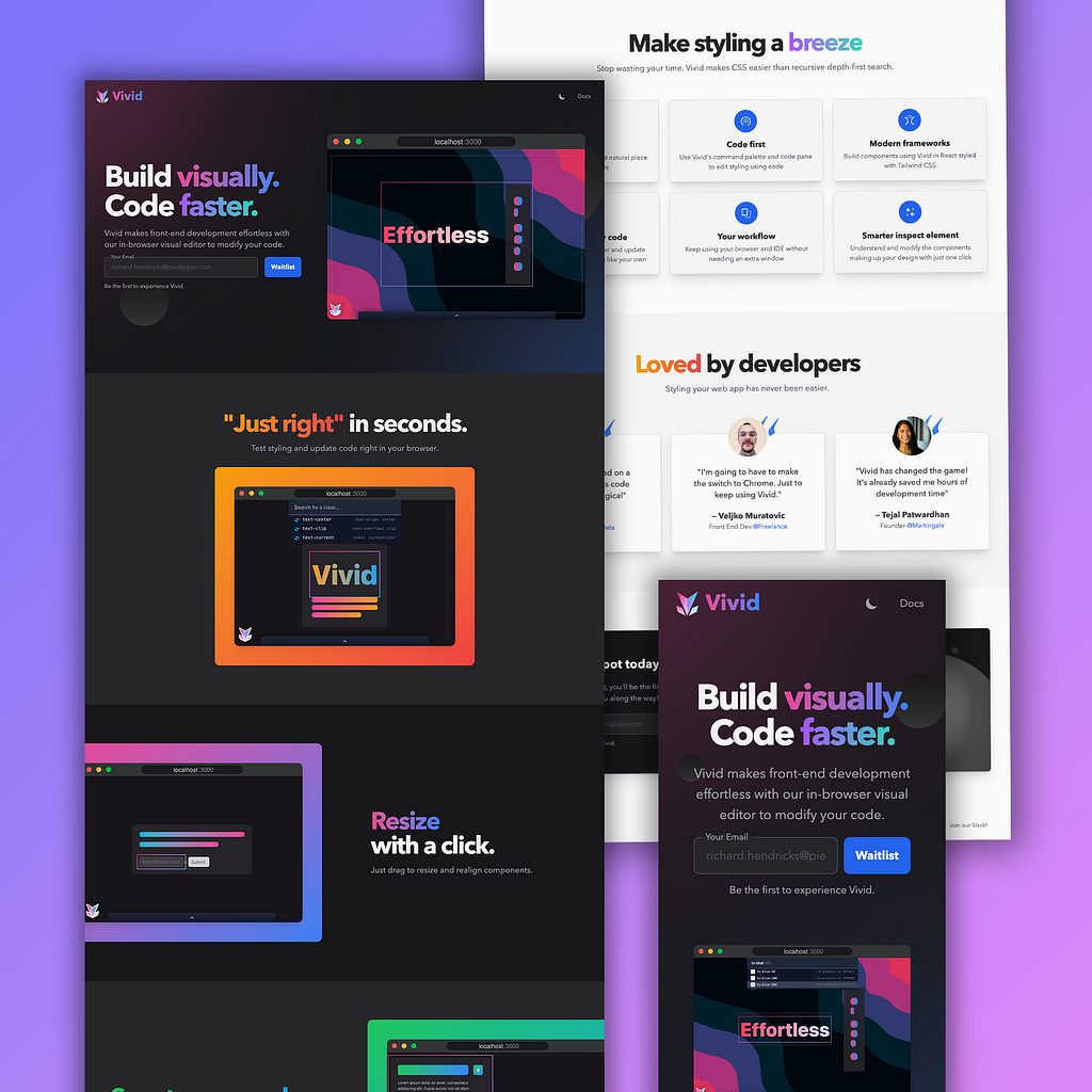 Three views of the landing page template a dark mode view, a light mode view, and a mobile view.