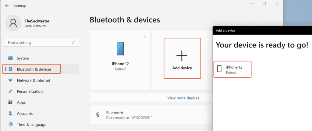 In the ‘Settings’ window, select ‘Bluetooth & devices’, Click on ‘Add device’