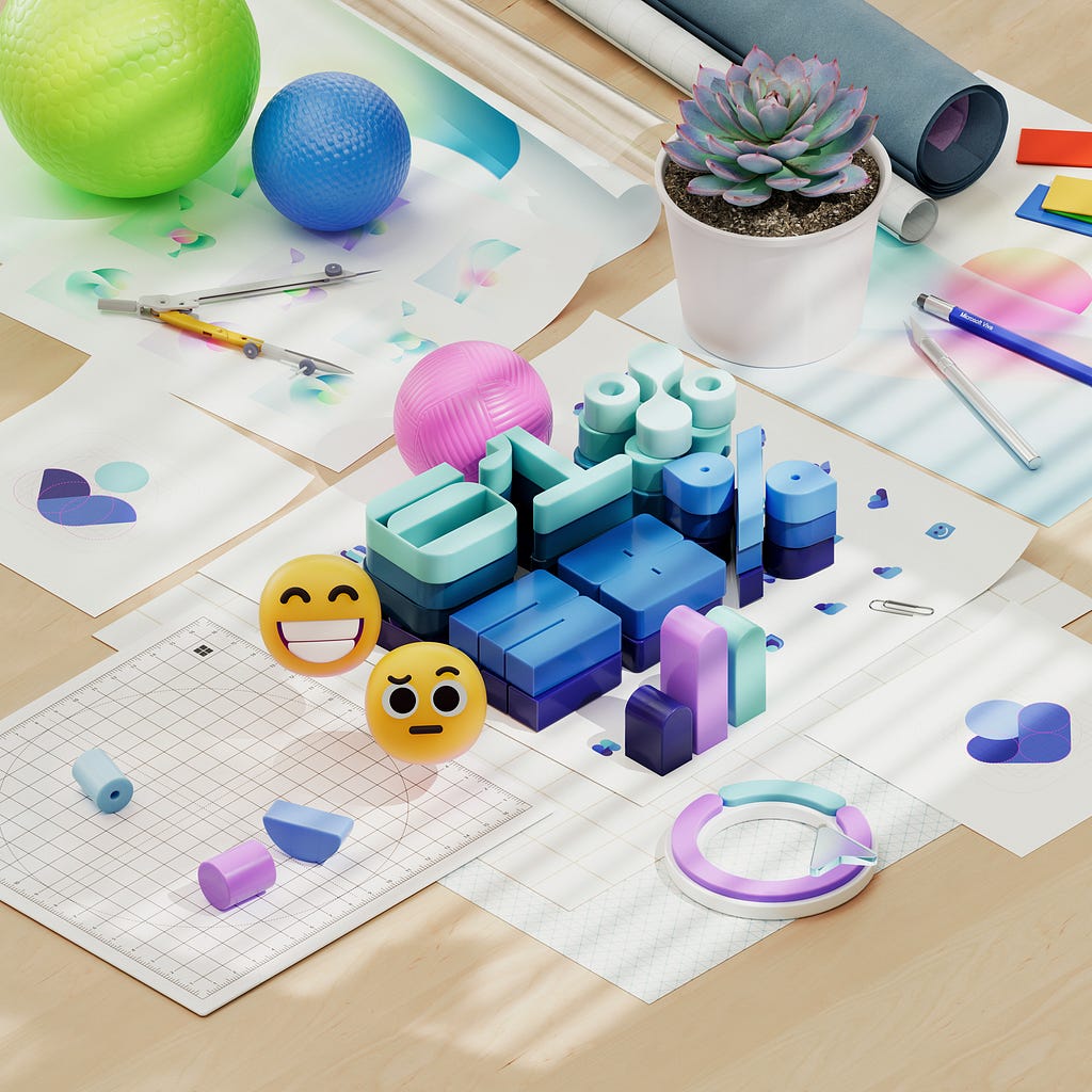A variation on the earlier image of objects on a desk, this version has both smiling and concerned emoji faces shown, expressing the range of emotion people feel at work. The colors included are those from the Viva brand palette, soothing yet vibrant tones of blue, teal, and purple.