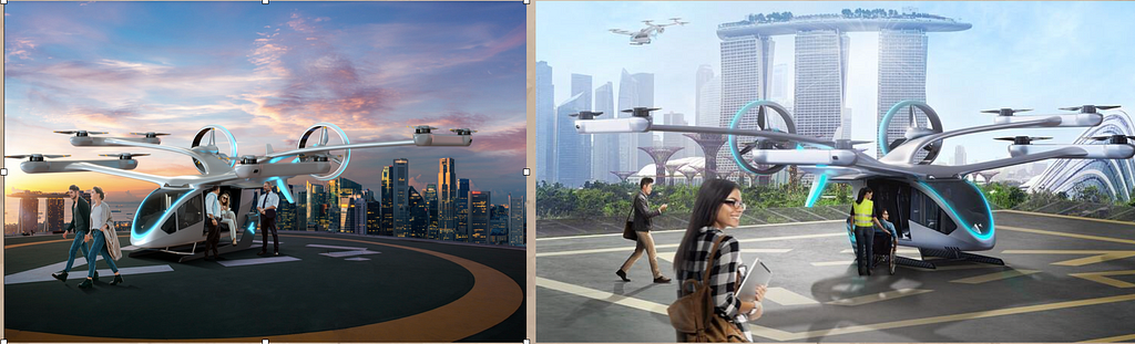 images of people boarding from flying vehicle, one is representing a elite user and other other it's more inclusive