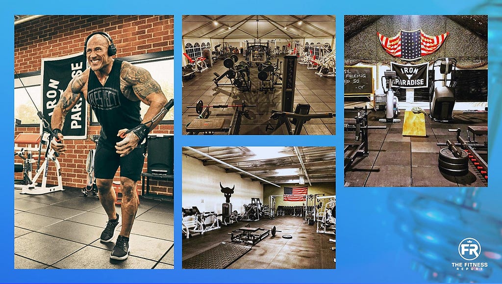 Different pictures of “iron paradise” where the Rock gets his workouts in.