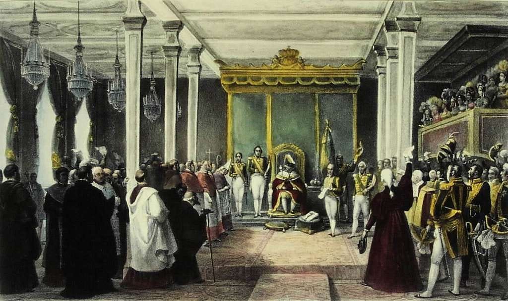 Proclamation of King Dom João VI in Rio de Janeiro, marking his ascension and the establishment of the Portuguese court in Brazil in 1808.