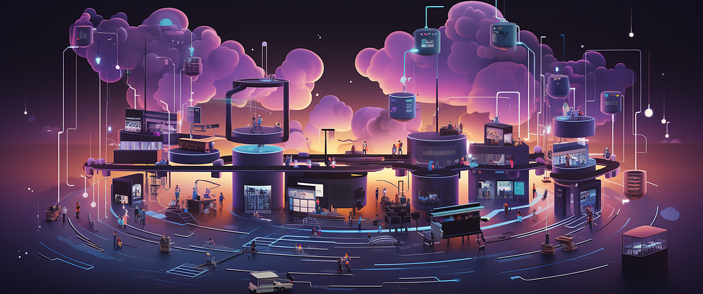 A futuristic cityscape with multiple levels of circular platforms featuring various activities connected by glowing lines and elevators. Neon and holographic elements complement the twilight setting, creating a vibrant tech-hub atmosphere. People and autonomous vehicles move about, engaging in leisure and work, showcasing a harmonious blend of technology and daily life.
