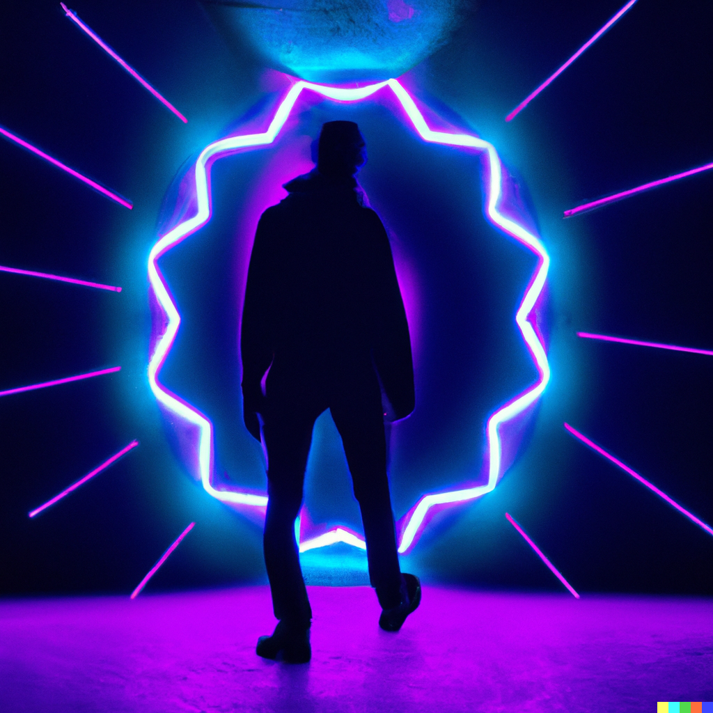 A futuristic silhouette of a man, illuminated by neon light, walking into the future, depicted as a supernova (Germano Costa)