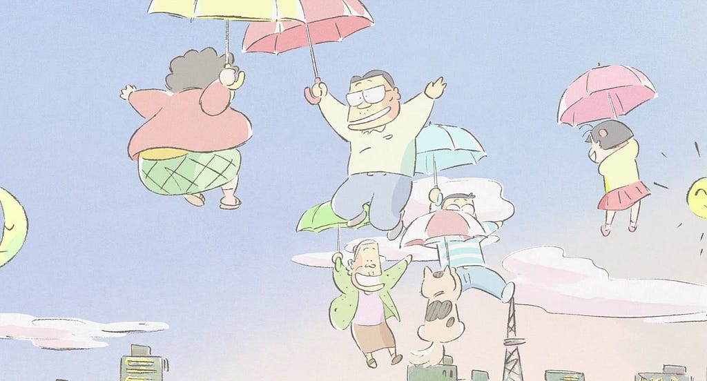 the whole faimly using umbrellas to float in the sky