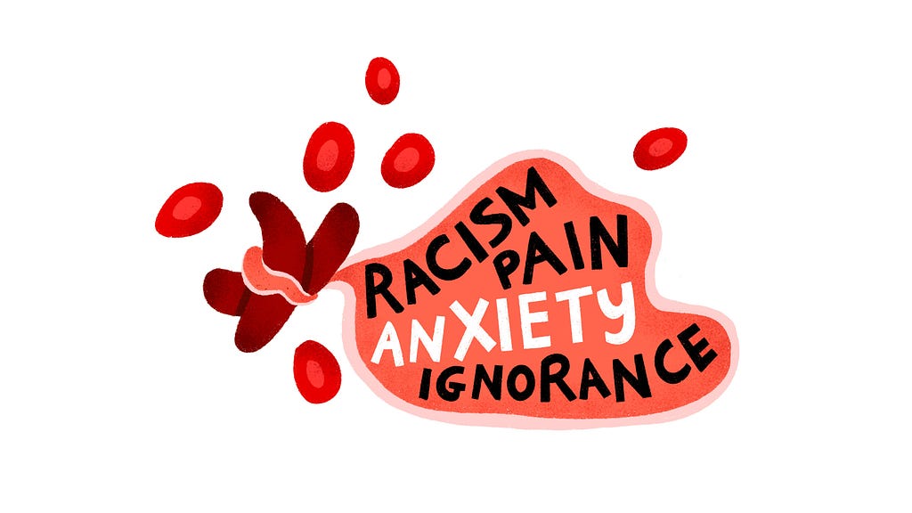 Sickled red blood cells connected to the words Racism, Pain, Anxiety, and Ignorance