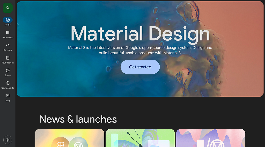 Material Design system landing page