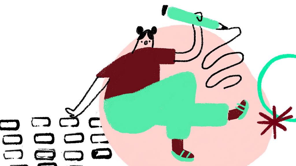 An illustration of a person holding a pencil with a flow of writing coming from it