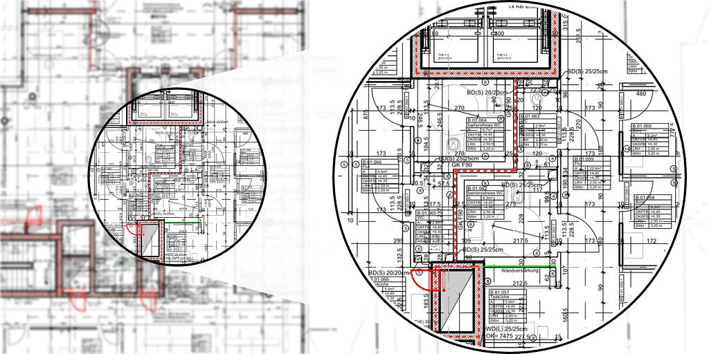 Blurred construction plan with a zoomed-in excerpt to highlight the necessary amount of detail