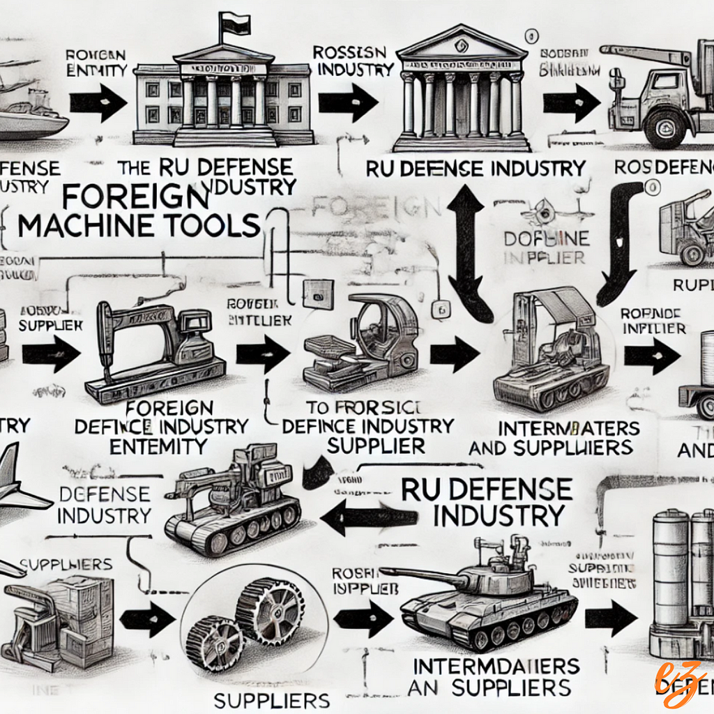 Black and white pencil sketch illustrating the procurement process of foreign machine tools by the Russian defense industry, featuring steps from the RU Defense Industry Entity to intermediaries and suppliers in different countries.