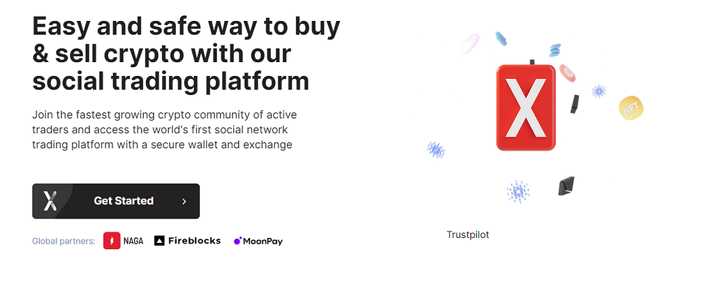 main page with red logo X and company advert for buy and sell crypto