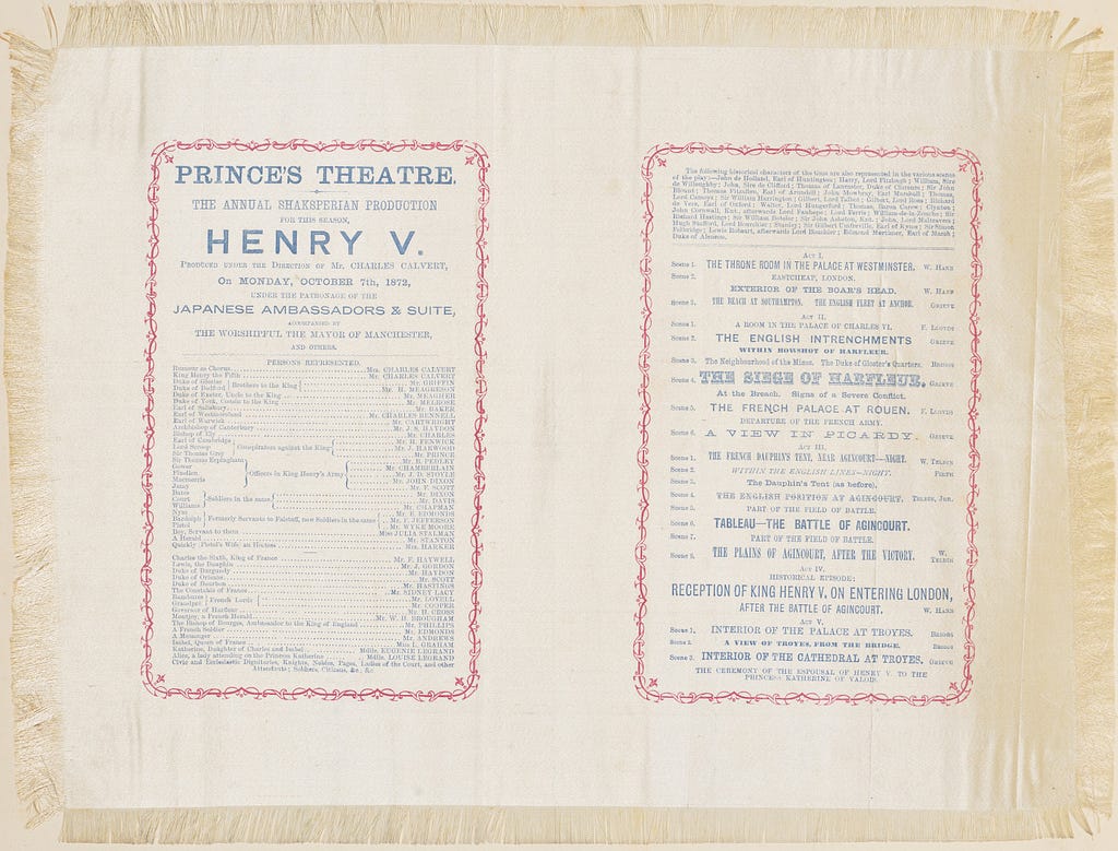 Silk playbill printed in two columns. Blue text detailing characters and scenes within decorative borders printed in red.