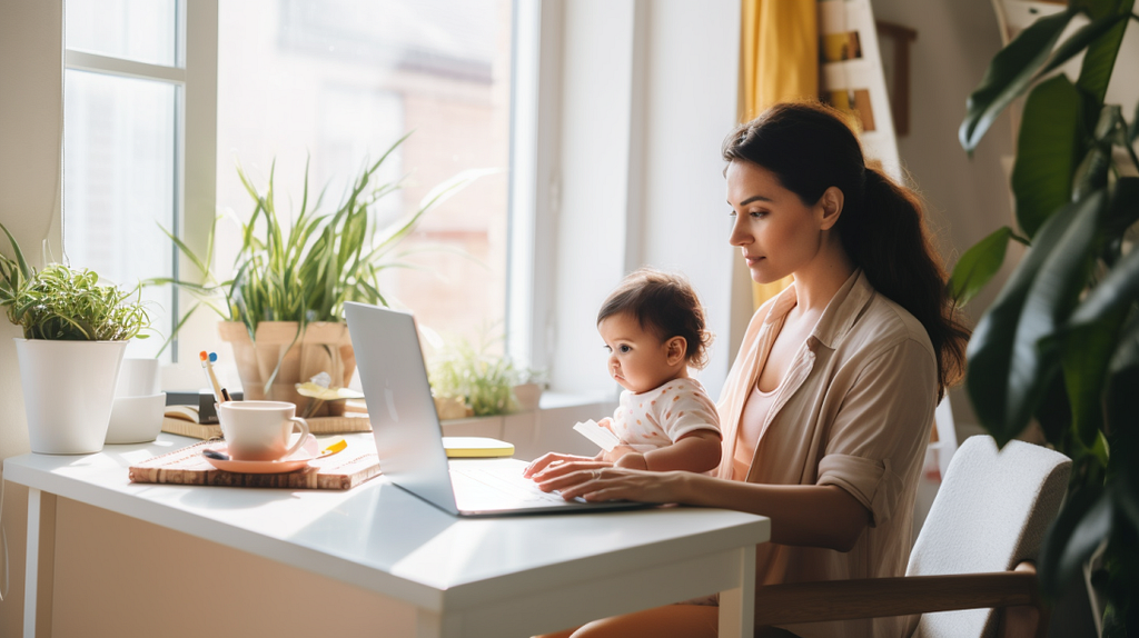 Photo of a determined working mom at her home office, juggling her baby on one hand and typing on a laptop with the other. The room is bright, airy, and organized, signifying a balance between motherhood and business